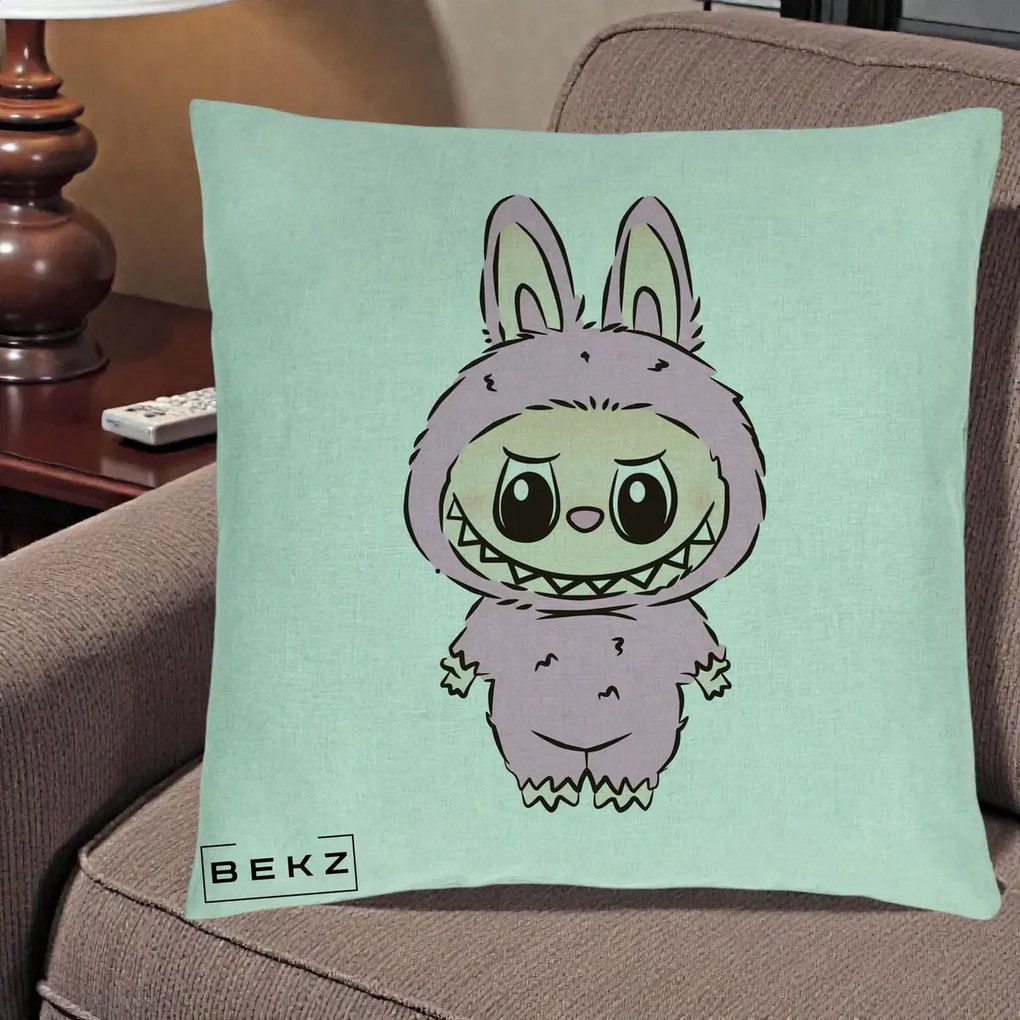 Perna Personalizata Labubu Mov Pastel, 40x40 cm, Verde Menta, Husa Detasabila, Perna Inclusa, BEKZ®