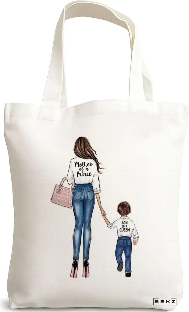 Sacosa de Panza pentru Cumparaturi, Geanta Tote, model Mother of a prince, 38x34.5 cm, Alba, BEKZ®