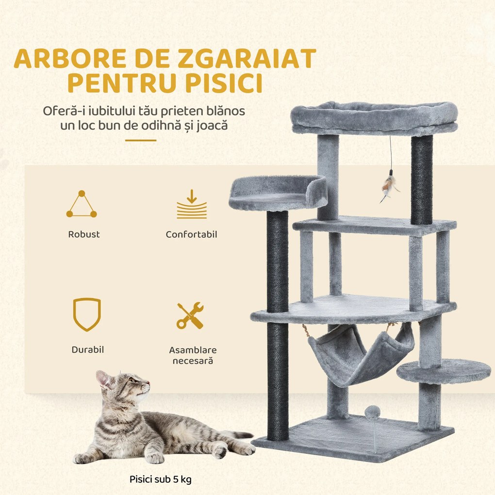 PawHut Arbore Răzuitoare pentru Pisici 48x48x107 cm Turn pentru Pisici cu Cavernă de Fetru Demontabilă Hamacă Paturi Platforme Gri | Aosom Romania
