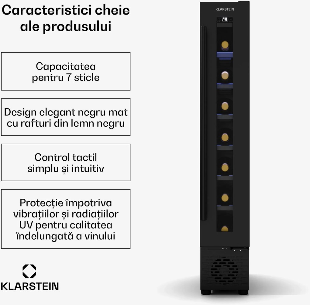 Klarstein Frigider pentru vin Vinovilla 7 Uno, 1 zonă de răcire, 7 sticle, rafturi din lemn, 5-18 °C