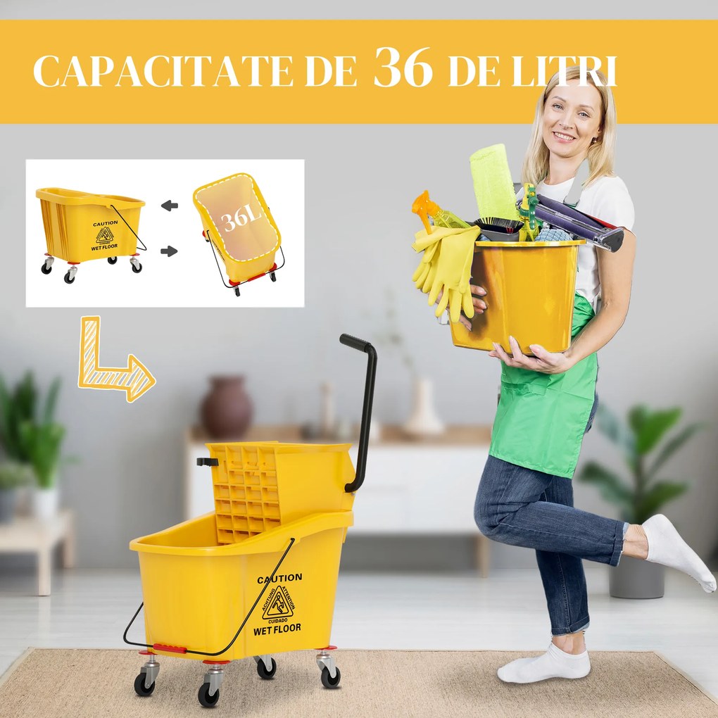 HOMCOM Cărucior de Curățenie Profesional de 36L cu Găleată pentru Mop, Storcător și Mâner, 55x37x65 cm, Galben | Aosom Romania