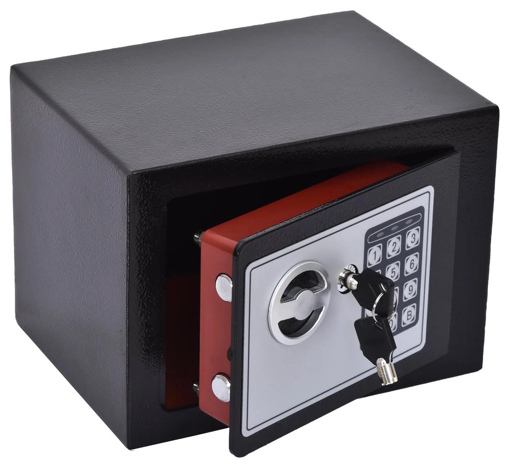 HOMCOM Mini seif electronic, Cod pin, Cheie de urgenta, 23x17x17cm, Negru