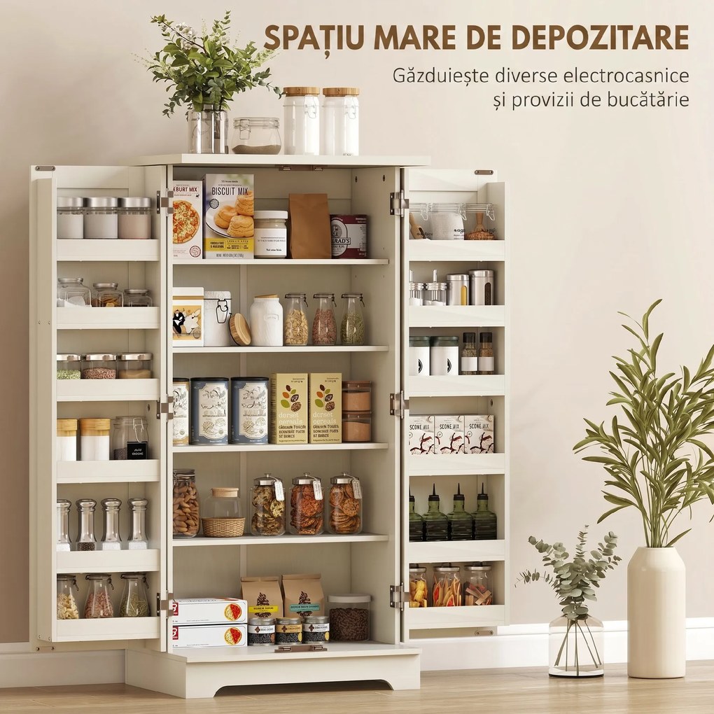 HOMCOM Dulap de Bucătărie Tip Cămară, Rustic, cu 12 Rafturi pentru Condimente, Rafturi Reglabile, 2 Uși, pentru Sufragerie și Living, 60x40x120 cm, Crem | Aosom Romania