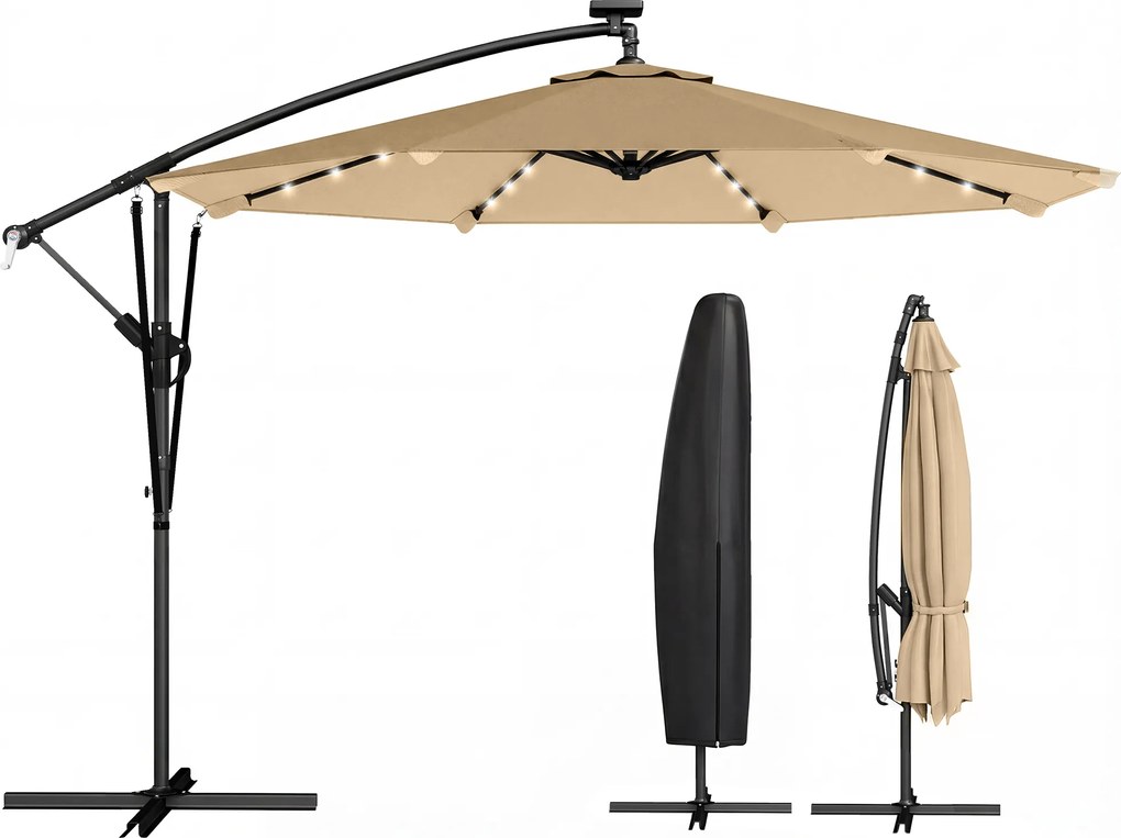 Outsunny Umbrelă excentrică cu lumini LED solare 330x295 cm umbrelă grădină cu bază în cruce manivelă husă de protecție kaki | Aosom Romania