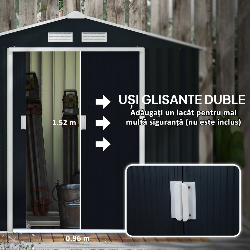 Outsunny Casuta de Gradina, Magazie de Depozitare, sopron pentru Unelte din Tabla de Otel, cu Usi glisante, Gri | Aosom Romania
