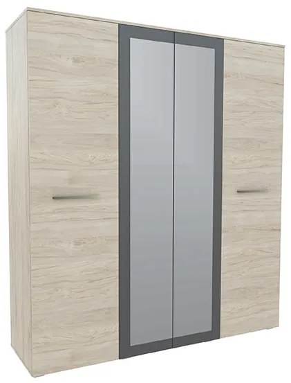 Dormitor Barry, Dulap 4 Usi, Pat tapitat 160x200, 2 Noptiere, Comoda 2 Usi 3 Sertare