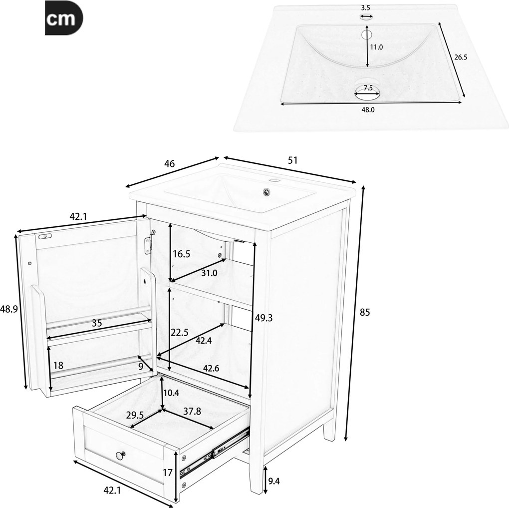 Dulap de baie cu chiuvetă, sertar silențios, raft reglabil, 51x46x85 cm, Alb