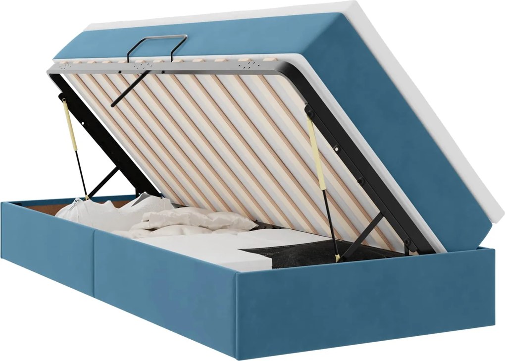 vidaXL Pat cu saltea și spațiu de depozitare cu saltea Albastru închis