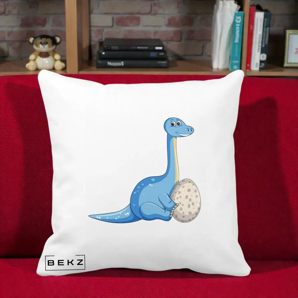 Perna Decorativa Brontosaur cu Ou, 40x40 cm, Alba Mata, Husa Detasabila, Perna Inclusa, BEKZ®