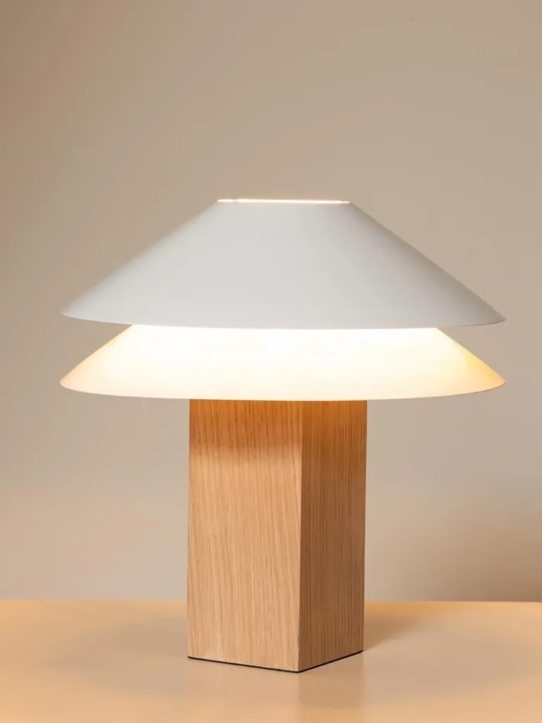 Lampă de masă din bumbac bej cu structură din furnir de stejar și metal cromat, abajur dublu, finisaj natural, 50×35 cm, „Doppia"
