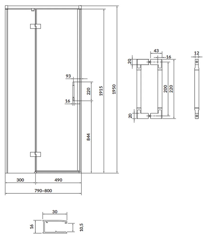 Usa sticla dus batanta 80x195 cm profil crom Cersanit Larga, montare stanga 800x1950 mm, Stanga, Crom lucios