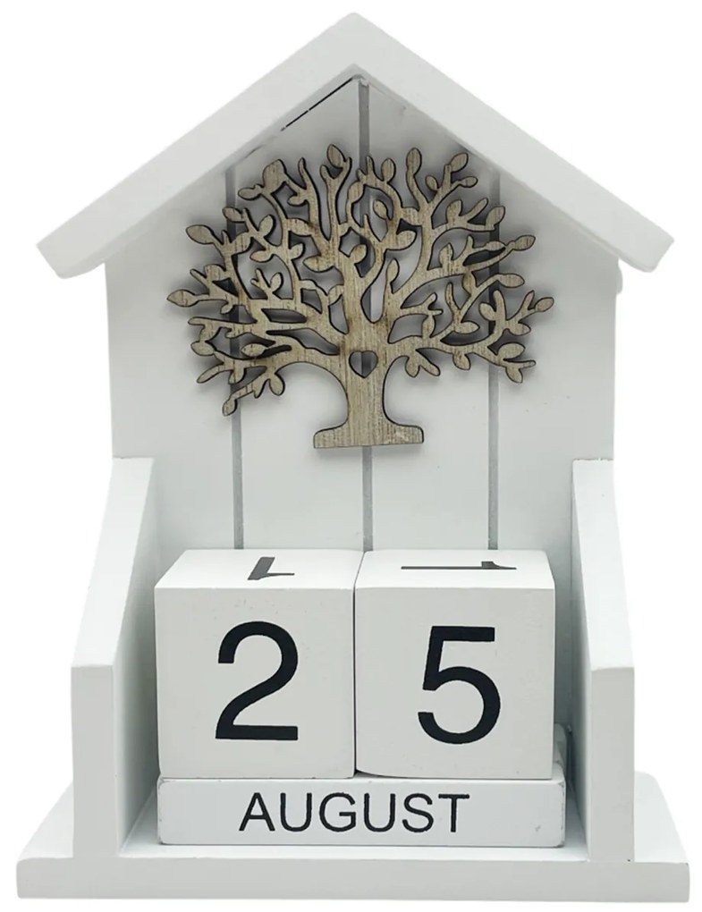 Calendar din lemn TREE OF LIFE, Alb, 12x5x16cm