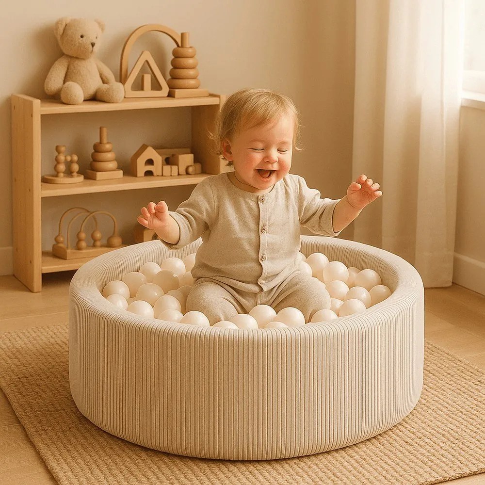 Piscină cu bile crem din catifea reiată ø 90x30 cm Montessori – Meowbaby