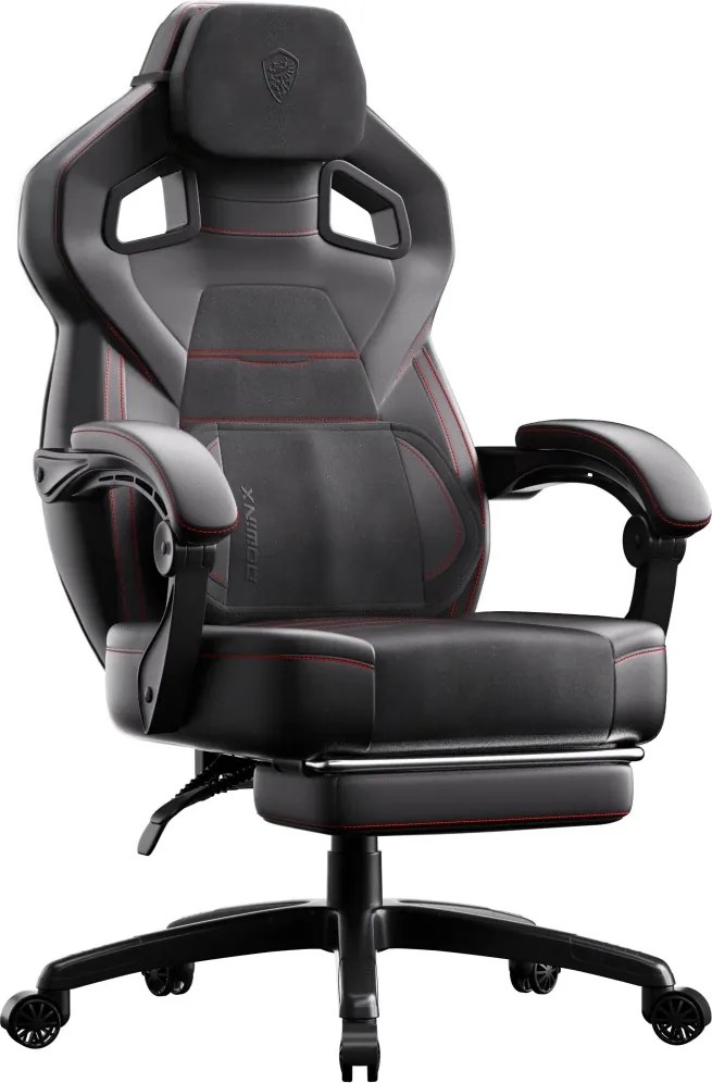 DOWINX Scaun gaming, ergonomic, suport lombar cu masaj, Șezut cu Arcuri Metalice și Spumă, Spătar înalt, rabatabil 90°-145°, Suport picioare, rezistent 150 kg, material PU respirabil, Negru