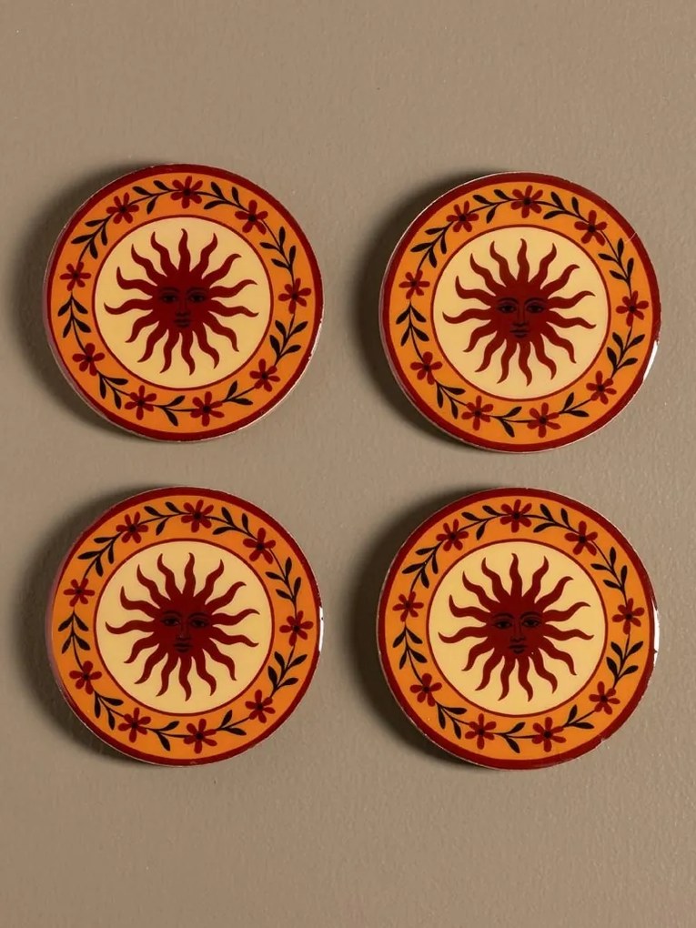 Suporturi de pahare din lemn de mango, set 4 bucăți, rotunde, cu soare și flori pictate, 10 cm, „Hélios”