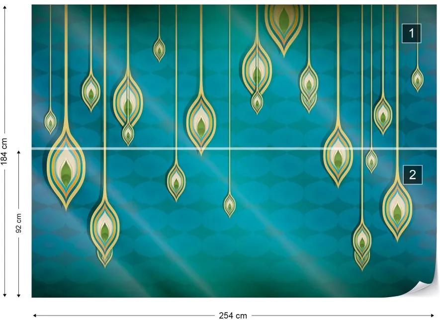 GLIX Fototapet - Blue, Green, And Gold Ethnic Design Vliesová tapeta  - 254x184 cm