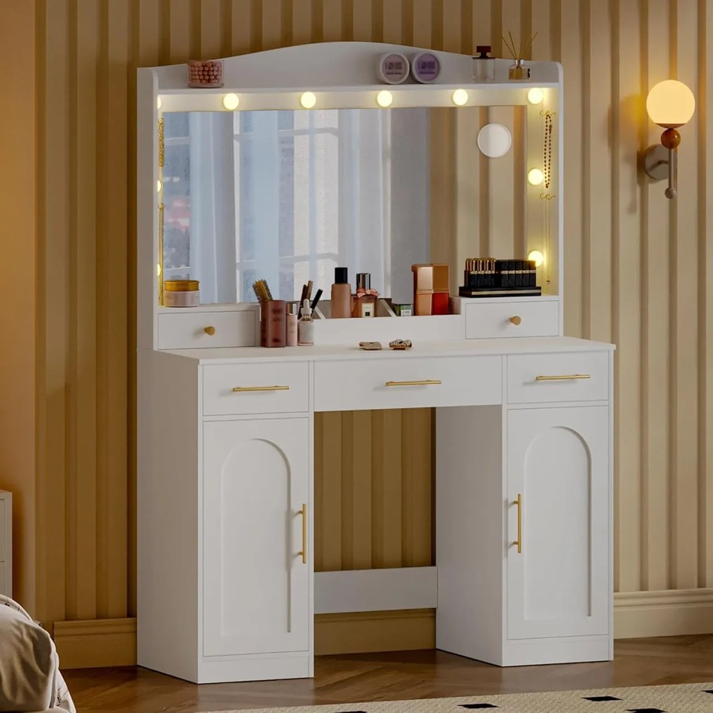 Masuta machiaj cu Oglinda LED si 5 Sertare pentru Cosmetice, Set Masa toaleta 108 cm, Alb, masuta cosmetica, vanity - SEA911