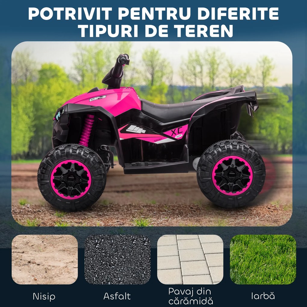 HOMCOM ATV Electric pentru Copii cu Motor Dublu și 2 Viteze, Roți, Faruri LED, Claxon și Muzică, 83x53x55.5 cm, Roz | Aosom Romania