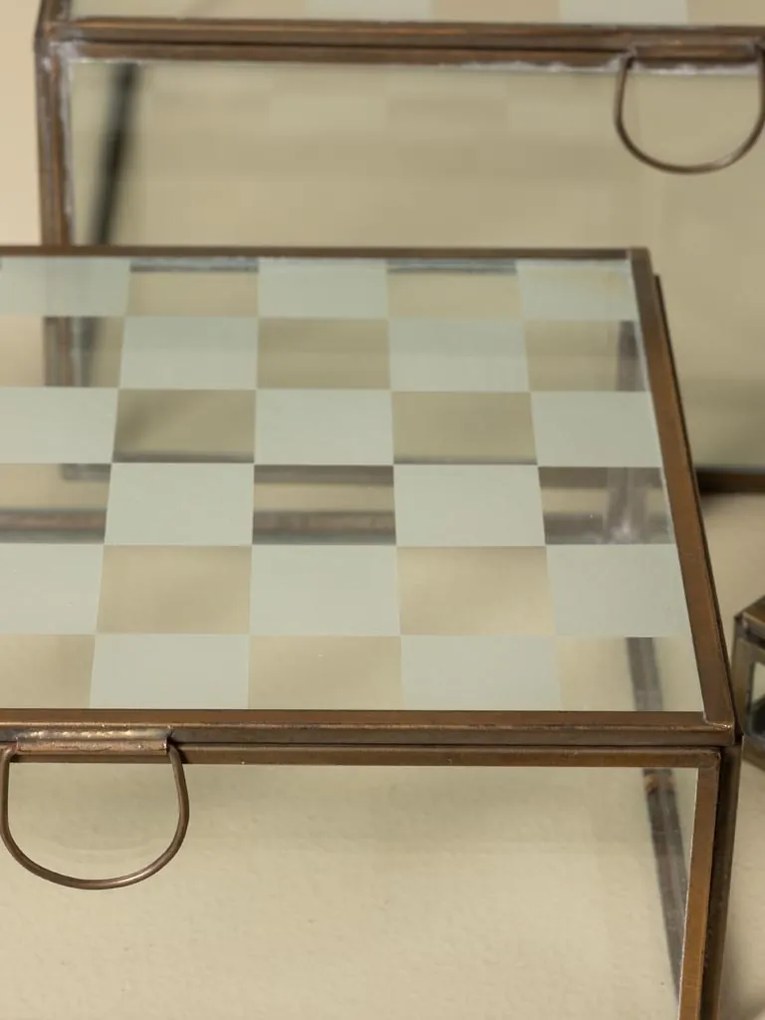 Set 3 cutii decorative din sticlă transparentă și metal auriu, capac cu balama și model în carouri mate, mâner inel, finisaj antichizat, 11 x 25 x 20