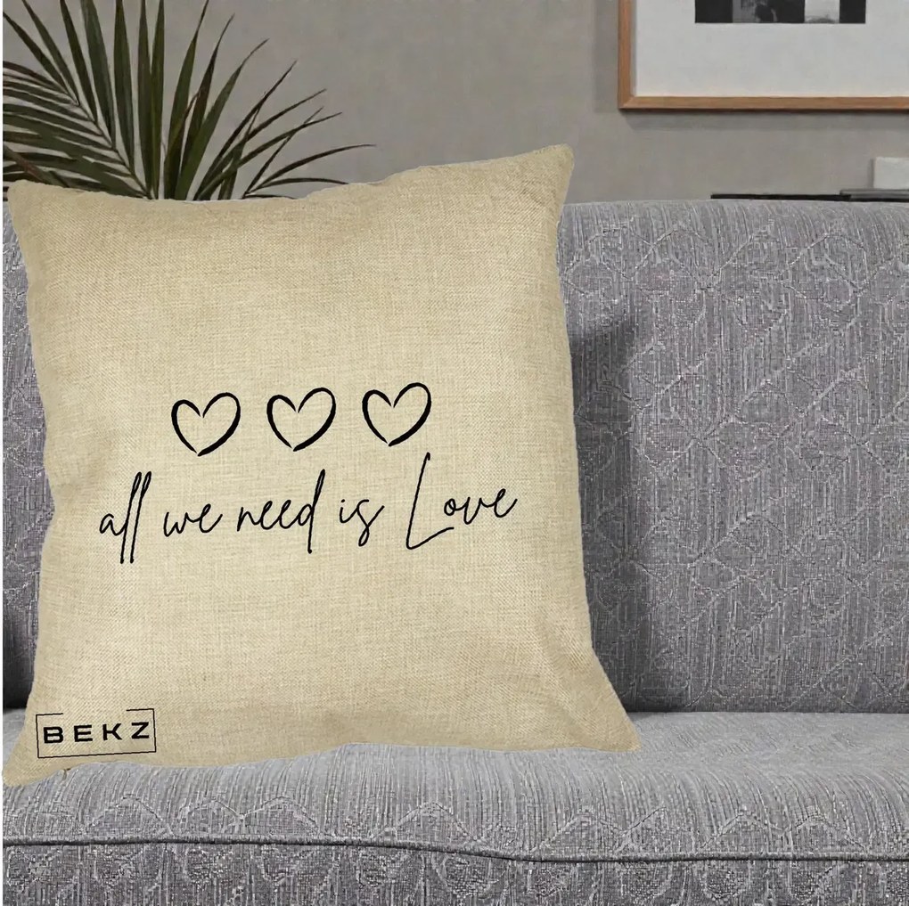 Perna Decorativa All We Need Is Love, 40x40 cm, Crem, Husa Detasabila, Perna Inclusa, BEKZ®