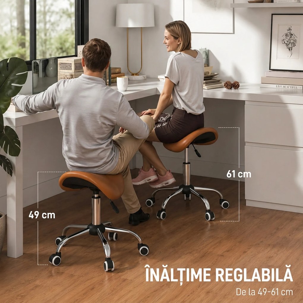 HOMCOM Scaun de Lucru Tip Șa cu Roți și Înălțime Reglabilă pentru Saloane de Coafură și Studiouri de Tatuaje, 52x53x49-61 cm, Maro | Aosom Romania