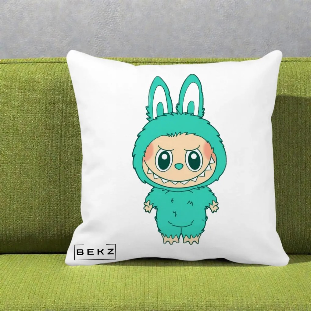 Perna Personalizata Labubu Turcoaz, 40x40 cm, Alba Mata, Husa Detasabila, Perna Inclusa, BEKZ®