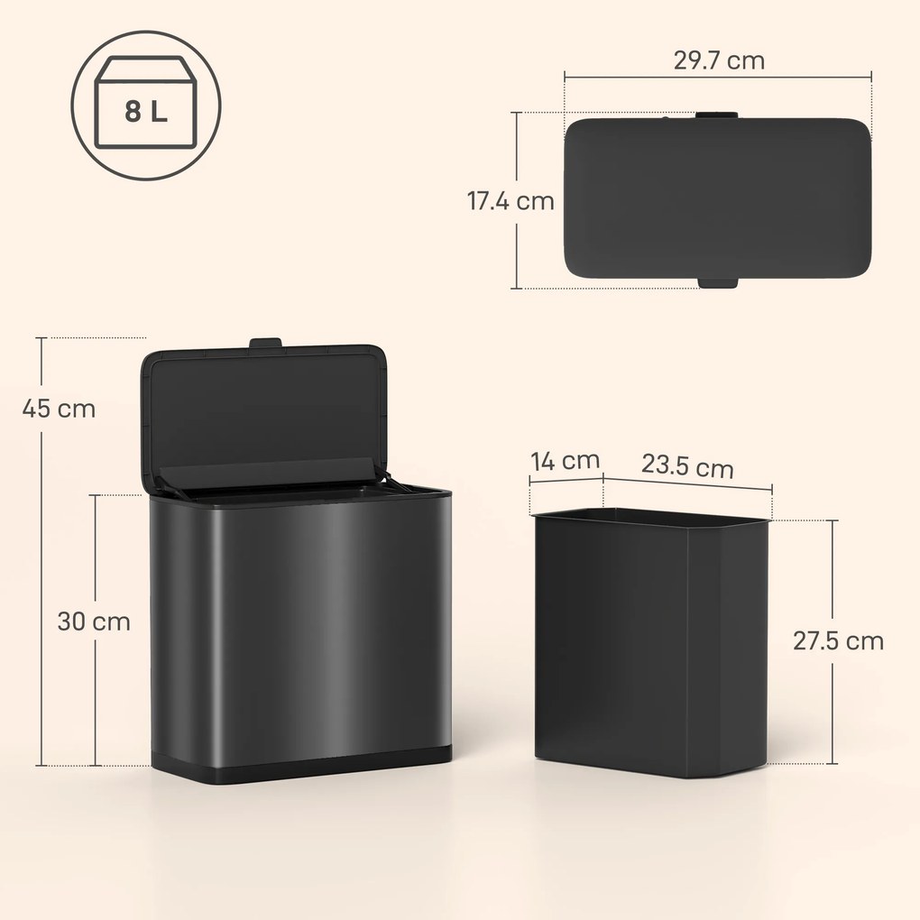 HOMCOM Pubelă 8 L cu Capac din Oțel Inoxidabil, Suspendată sau de Sine Stătătoare, 29,7x17,4x30 cm, Negru | Aosom Romania