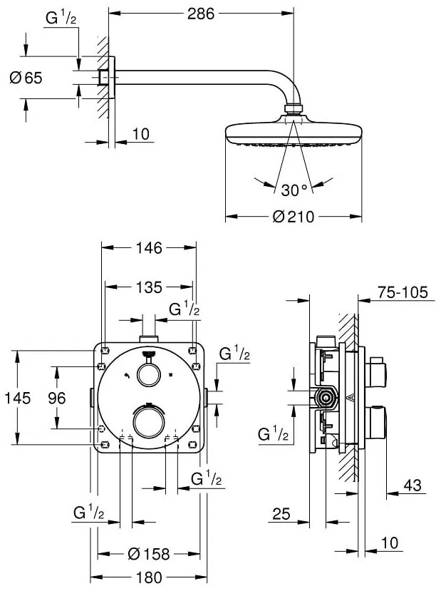 Sistem dus incastrat Grohe Grohtherm Perfect Round Tempesta 210, 1 consumator, crom - 34726000