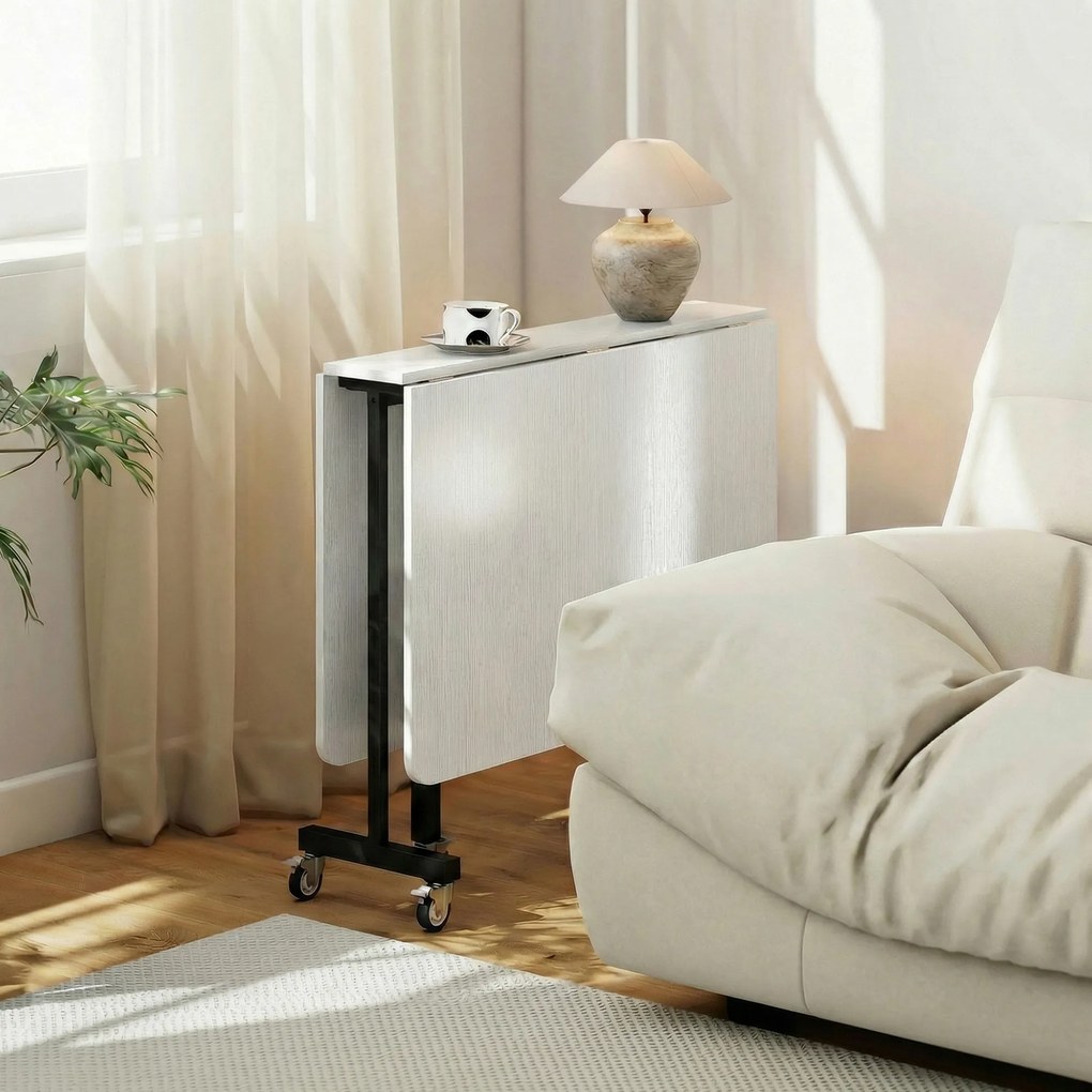 HOMCOM Masă de Dining Pliabilă, Masă Rabatabilă cu Roți și Frâne pentru 4-6 Persoane, Birou Compact cu Structură din Oțel, pentru Living, 120x80x73 cm, Alb cu Aspect de Lemn | Aosom Romania