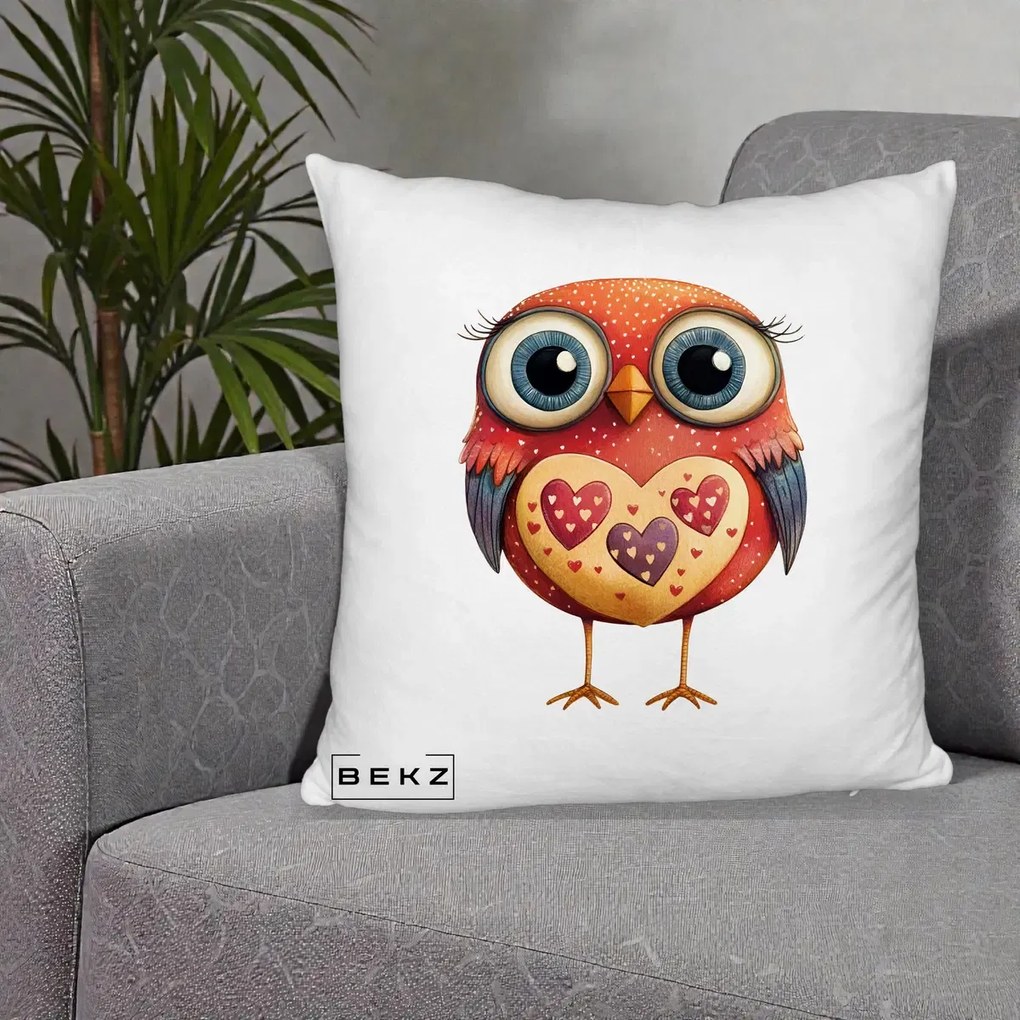 Perna Decorativa Bufnita Rosie cu Inimi Aurii, 40x40 cm, Alb Pufos, Husa Detasabila, Perna Inclusa, BEKZ®