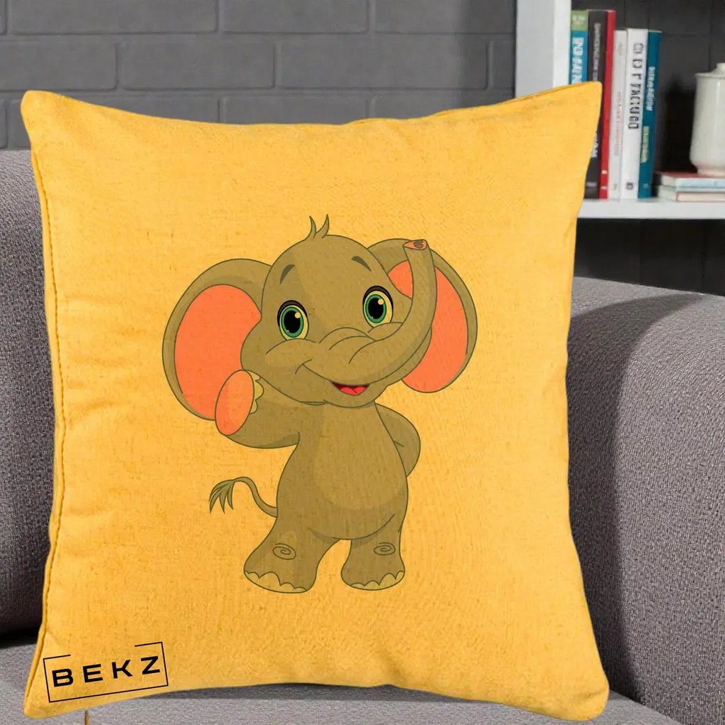 Perna Decorativa Pui de Elefant Kawaii, 40x40 cm, Galben, Husa Detasabila, Perna Inclusa, BEKZ®