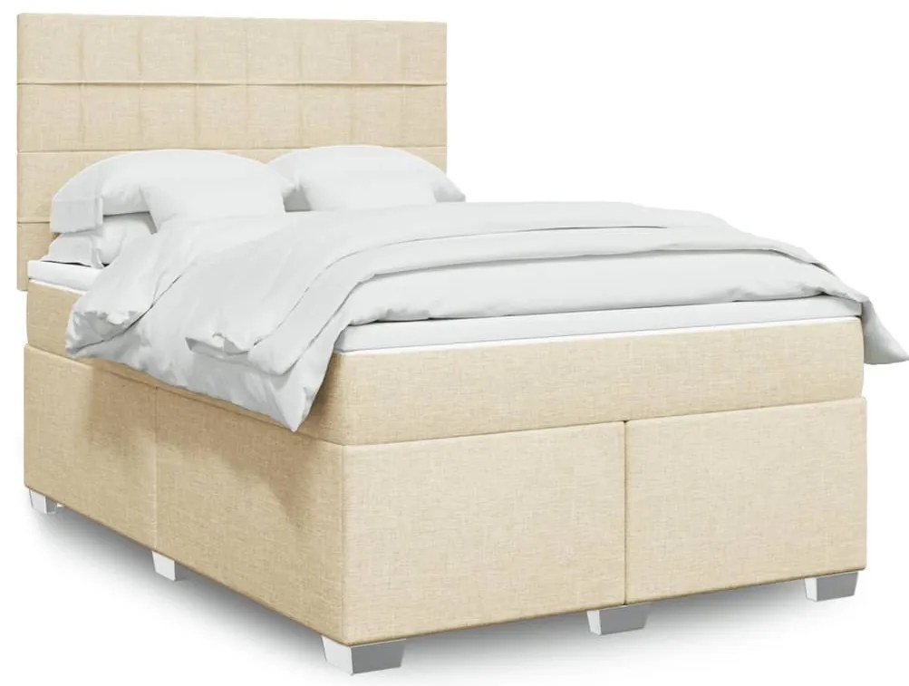 vidaXL Pat box spring cu saltea, crem, 140x200 cm, textil