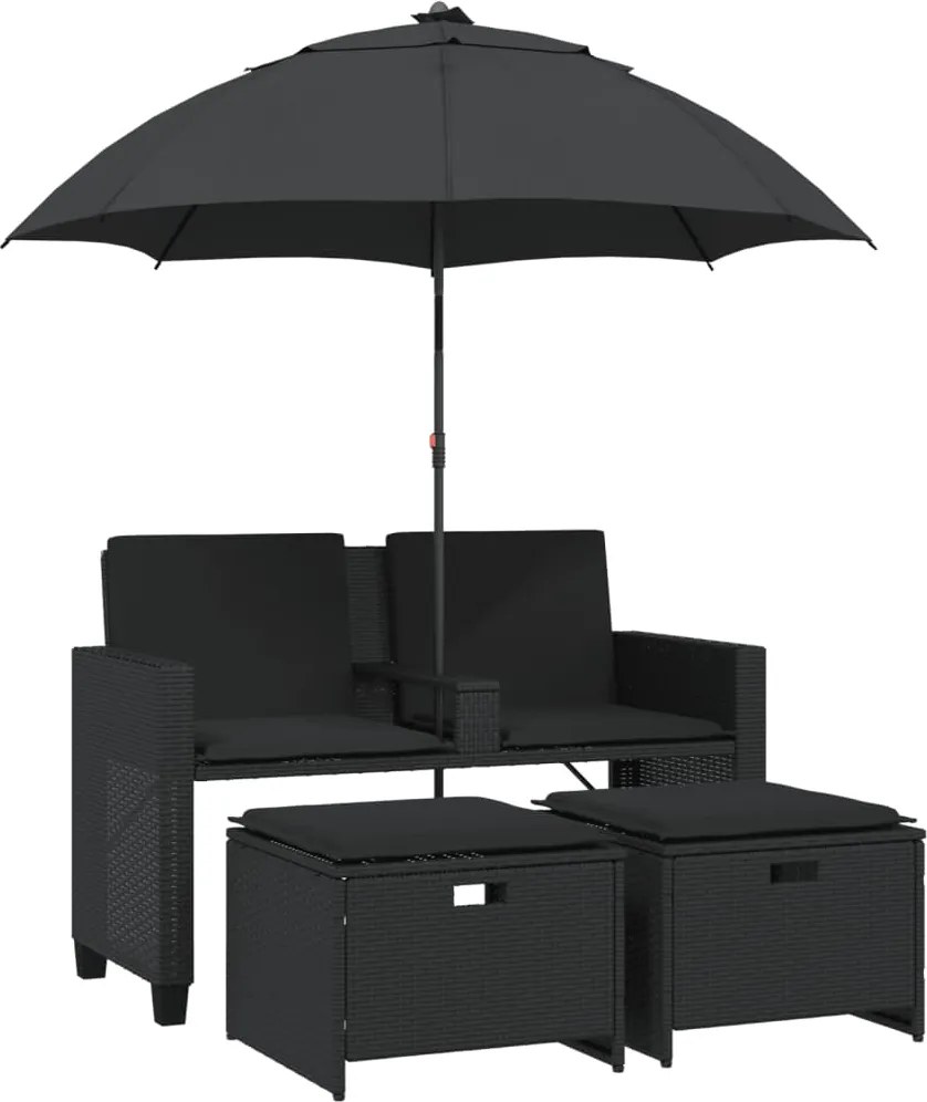vidaXL Canapea de grădină cu 2 locuri/umbrelă/taburete negru poliratan