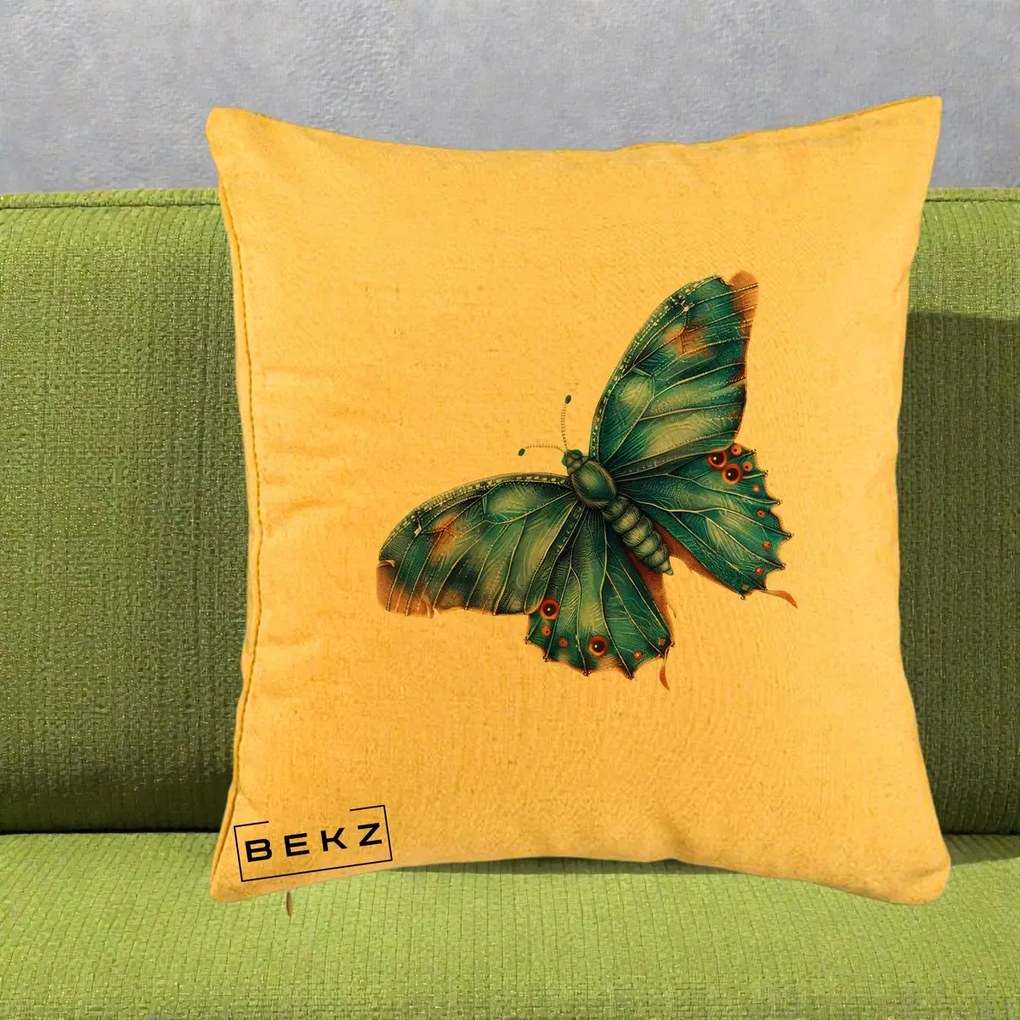 Perna Decorativa Fluture Albastru Satin cu Pete Aurii, 40x40 cm, Galben, Husa Detasabila, Perna Inclusa, BEKZ®
