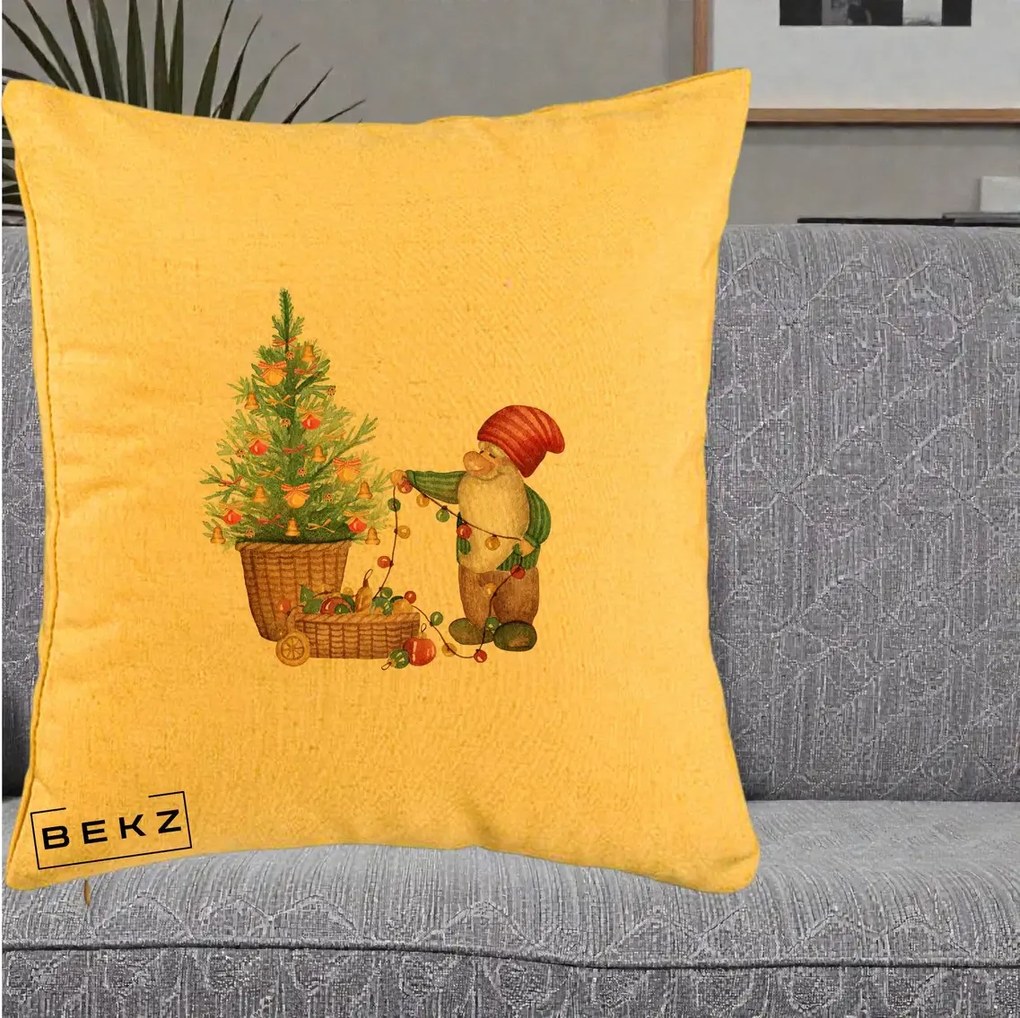 Perna Decorativa Pitic de Craciun cu Brad, 40x40 cm, Galben, Husa Detasabila, Perna Inclusa, BEKZ®