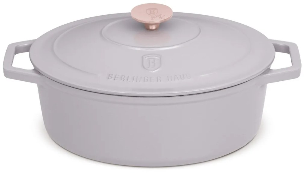 Oală din fontă emailată ovală cu capac 30 cm, 4.65L – Berlinger Haus Taupe Collection BH 6541, perfectă pentru cuptor, friptură și pâine