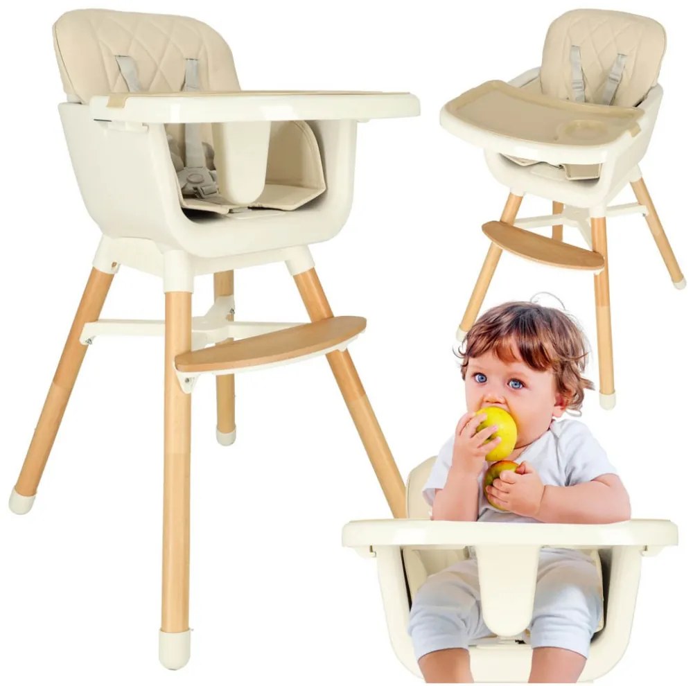 Scaun de masa pentru copii  cu picioare din lemn si suport pentru picioare  tavita detasabila  bej