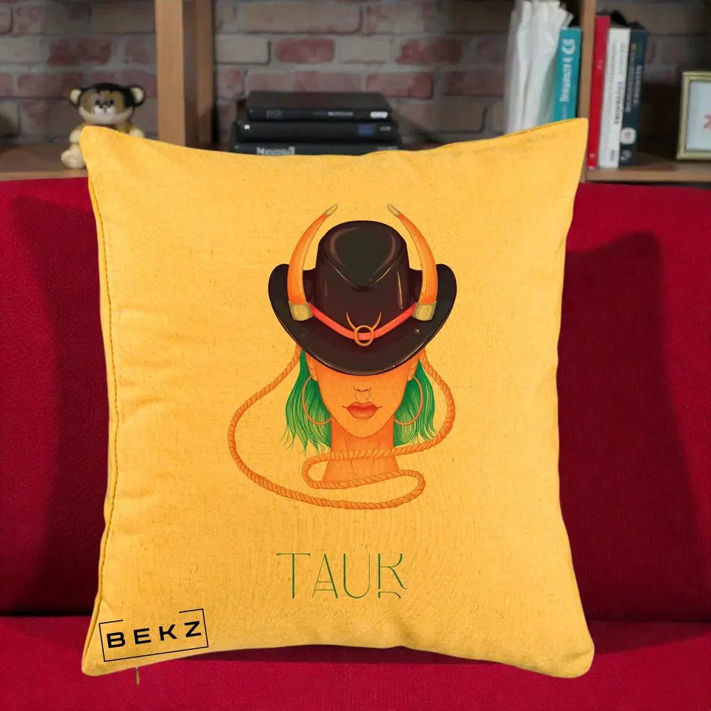 Perna Personalizata Zodie Taur, 40x40 cm, Galben, Husa Detasabila, Perna Inclusa, BEKZ®