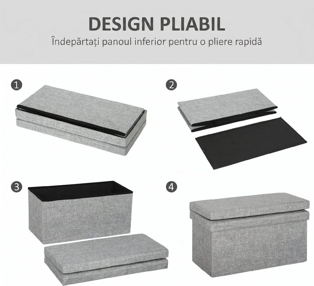 HOMCOM Bancă Pliabilă cu Spătar și Compartiment de 77L, Acoperire din Țesătură, 76x50x73 cm, Gri | Aosom Romania