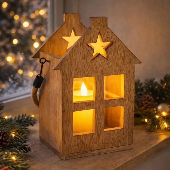 Felinar din lemn de mango 4Home Shining Star, 18 x 15 x 25 cm
