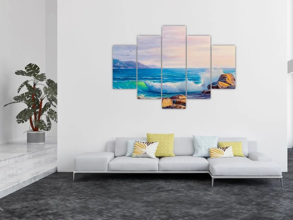 Tablou - Valuri lovind stânci, pictură în ulei (150x105 cm)