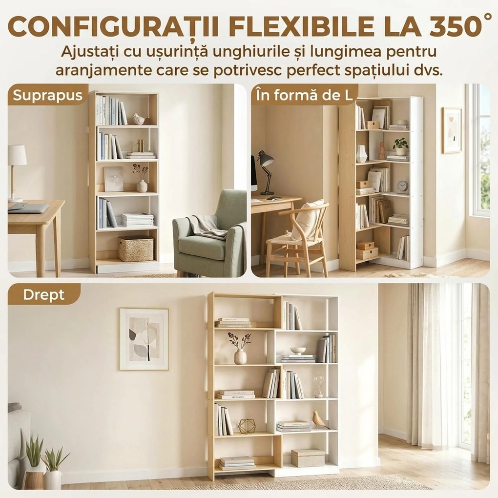 HOMCOM Bibliotecă de Colț cu 5 Polițe, Design Rotativ 350°, Lemn/Alb | Aosom Romania