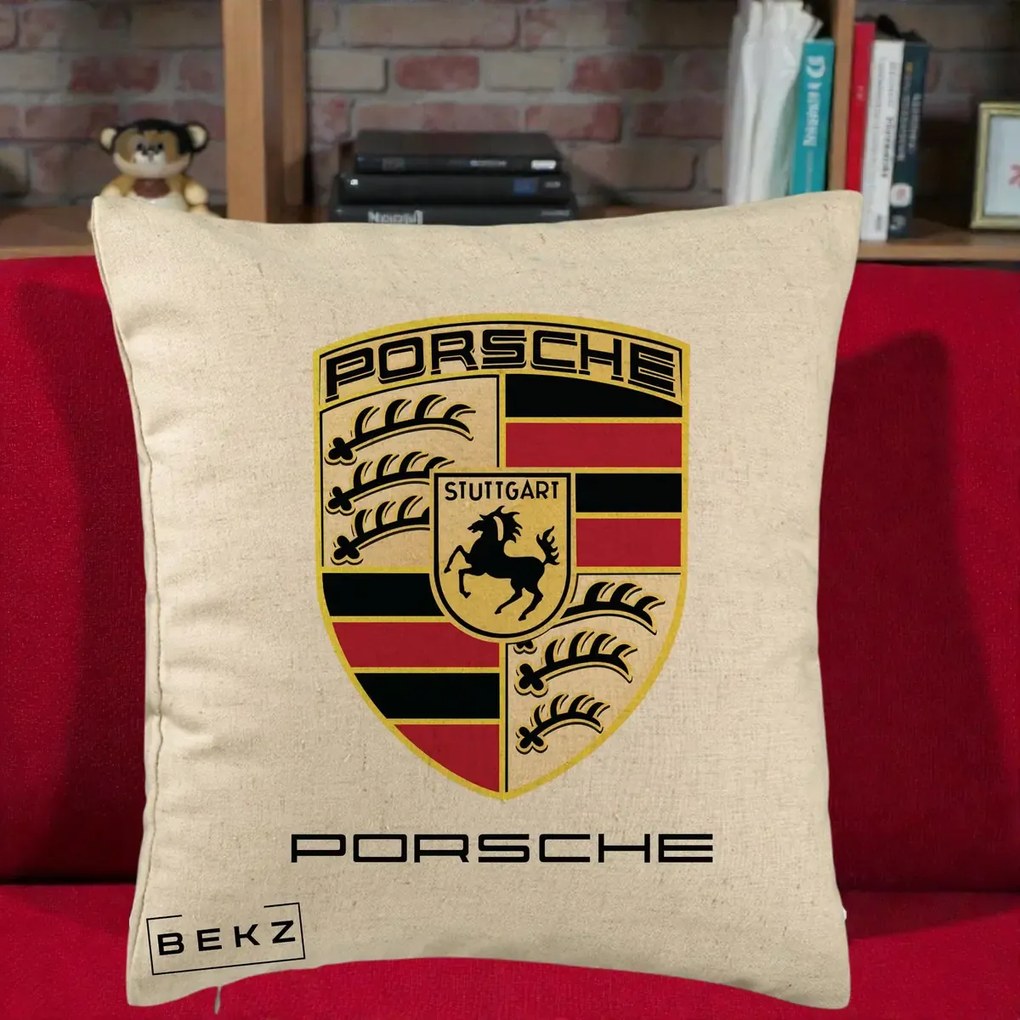 Perna Personalizata Porsche Stuttgart, 40x40 cm, Bej, Husa Detasabila, Perna Inclusa, BEKZ®