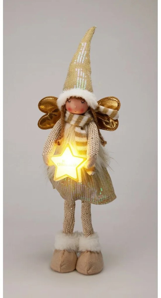 Îngeraș de Crăciun în picioare cu stea luminoasă,55 cm, alb cald
