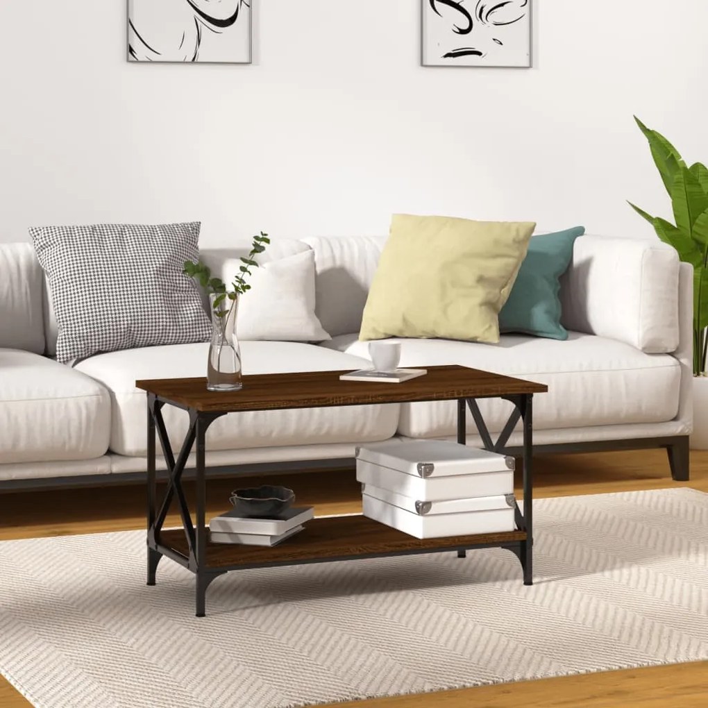 823326 vidaXL Măsuță cafea stejar maro 80x45x45 cm lemn prelucrat și fier