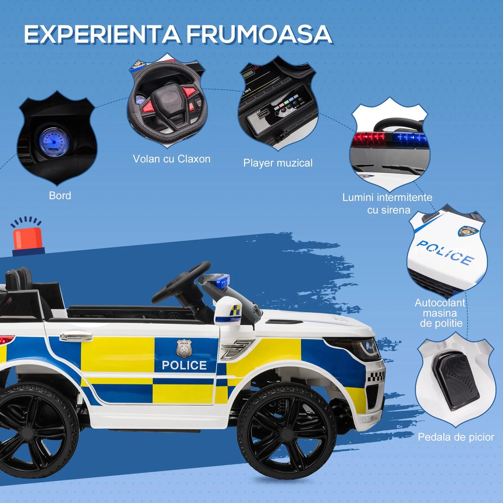 Masina Electrica pentru Copii de Politie Baterie 12V si Telecomanda, Sirena Lumini, Conexiune USB pentru Muzica 110x68x52cm HOMCOM | Aosom Romania