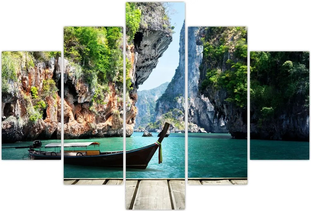 Tablou - Apă peisaj mediteranean cu barca (150x105 cm)