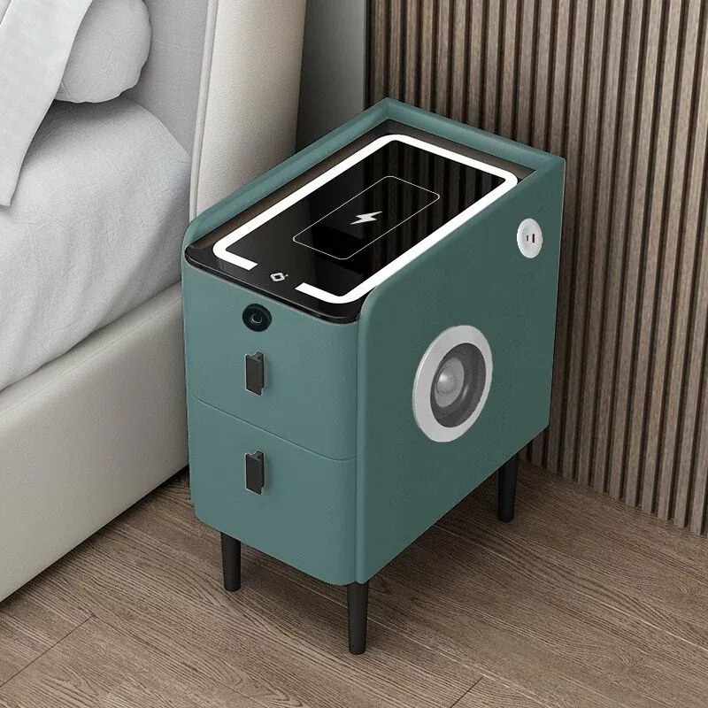 Noptieră inteligentă slim cu &icirc;ncărcare wireless, iluminare LED, difuzor Bluetooth, port USB &amp; Type-C și sistem cu amprentă &ndash; culoare verde, 2 sertare, design modern din sticlă și lemn