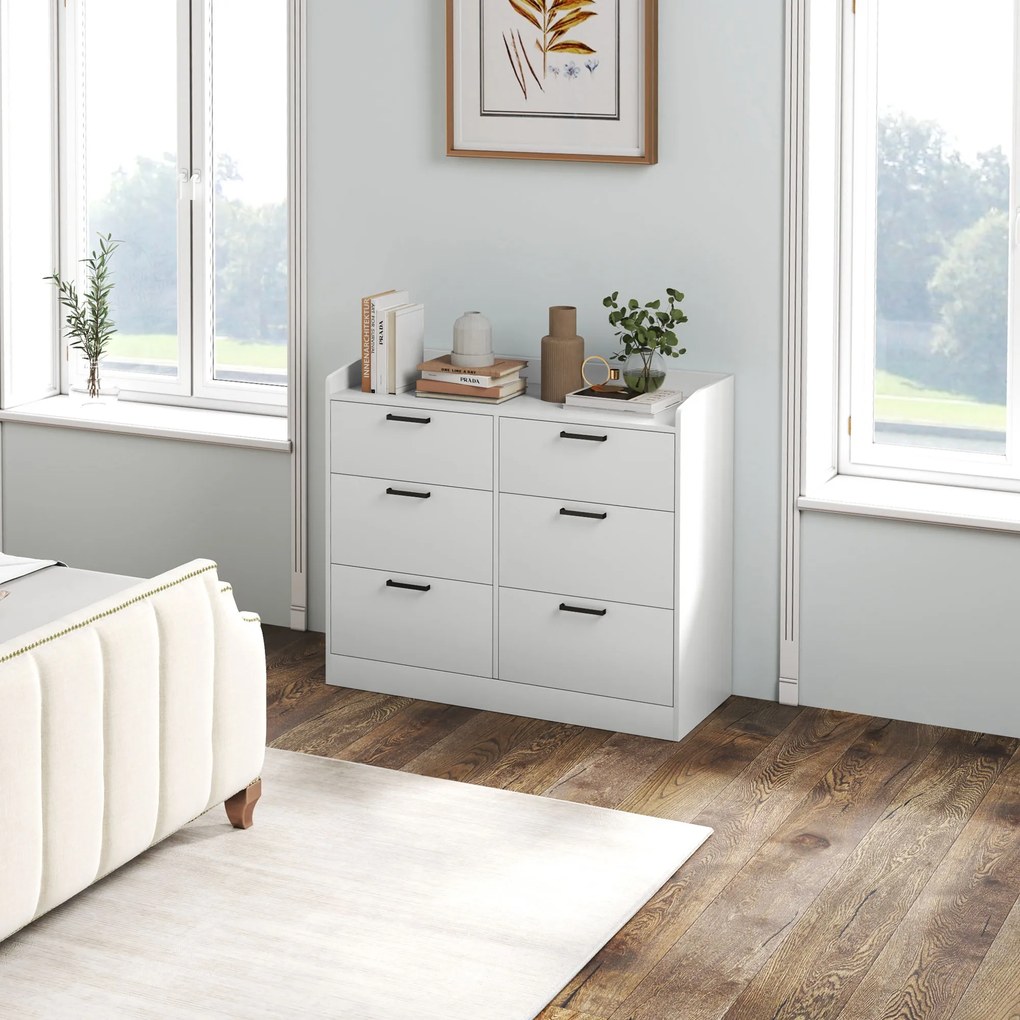 HOMCOM Comodă cu 6 Sertare, Margini Înălțate și Mânere în Formă de U, 110x40x88 cm, Alb | Aosom Romania