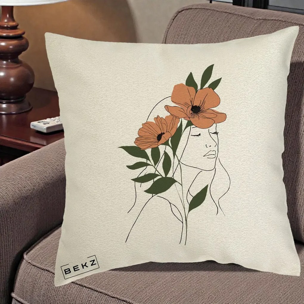 Perna Decorativa Portret Feminin Doua Maci Terracotta, 40x40 cm, Ecru, Husa Detasabila, Perna Inclusa, BEKZ®